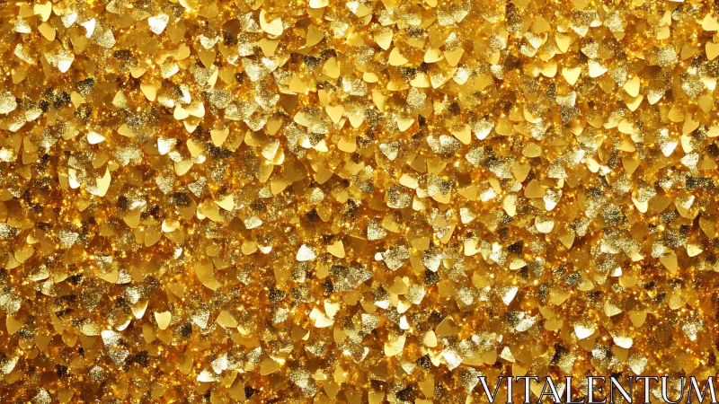 Dense surface of gold heart-shaped glitter is uniformly lit