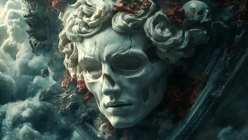 Baroque skeletal stone mask dissolves into storm-torn clouds