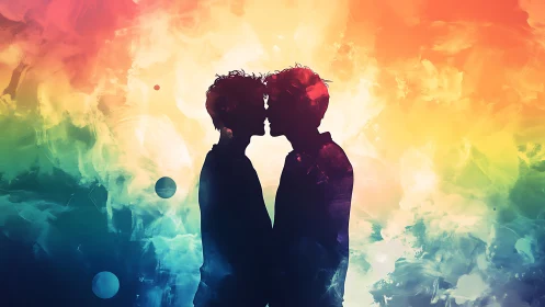 Two figures kissing against luminous watercolor sky.