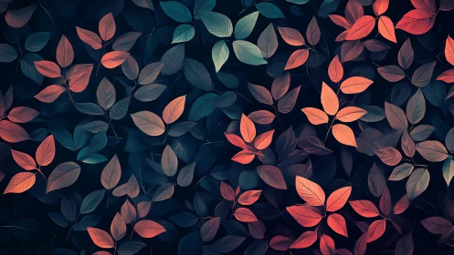 Gradient foliage pattern blends warm coral leaves with teal