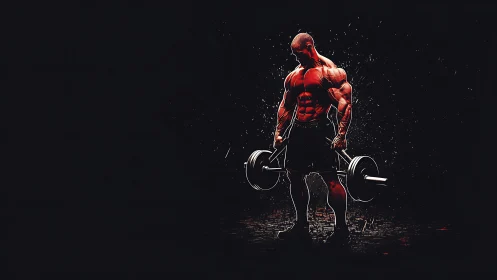 Highly stylized muscular lifter holds loaded barbell in dark void
