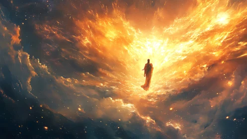 Lone robed figure ascends through blazing celestial gateway