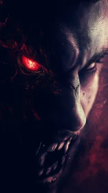 Demonic face erupts from darkness in fiery crimson glow