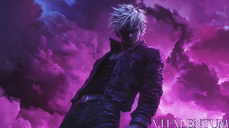 White haired figure in dark clothing before violet clouds.