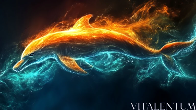 Radiant fire and water dolphin gliding through glowing waves.
