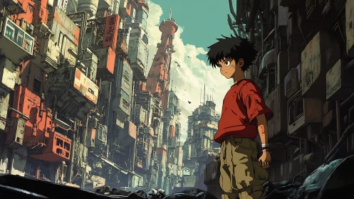 Solitary boy in dense cyberpunk slum corridor at dusk.