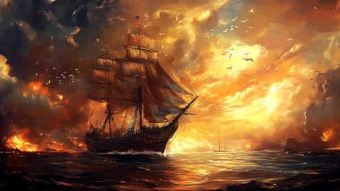 Tall ship sails through blazing sunset and stormy seas.