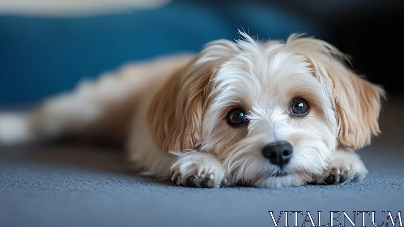 Small light-colored dog lying on indoor carpeted surface.