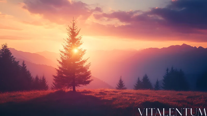 Solitary conifer tree in backlit mountain valley landscape.