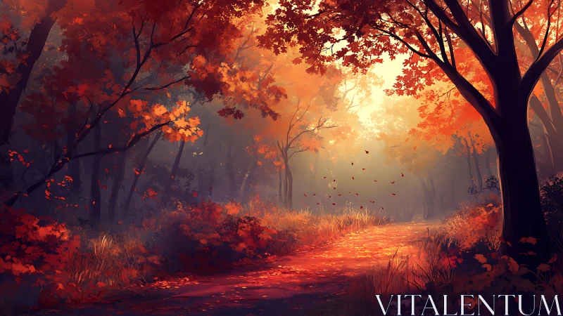 Autumn forest path with silhouetted trees and falling leaves.