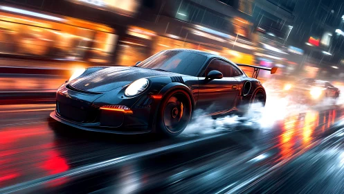 Night racer tears through neon city streets in the rain
