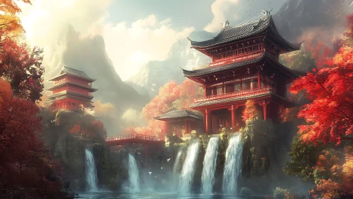 Mountain temple complex rises above cascading forest waterfalls