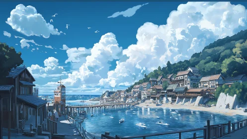 Coastal village harbor under towering cumulus clouds at noon.