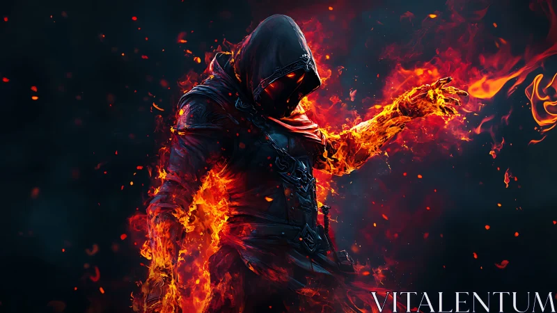Hooded fire mage conjures flames against a void backdrop