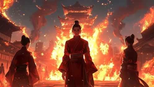 Digital painting of stoic warriors before burning pagoda structure.