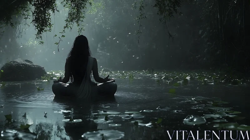 Backlit yogi meditates on misty lotus pond in dense forest