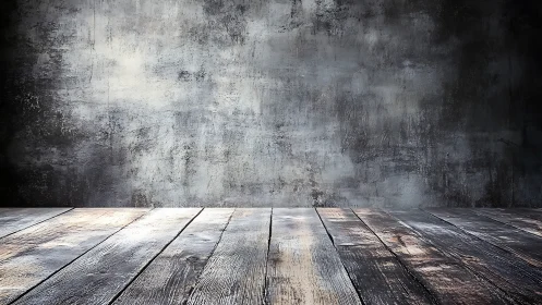 Rustic wooden floor against textured concrete wall backdrop.