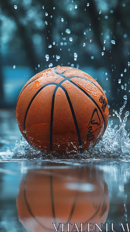 Basketball splashing through water with mirrored reflection.