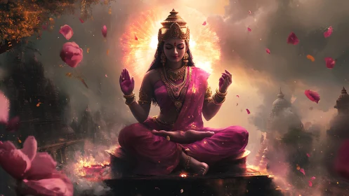 Meditating goddess figure sits amid glowing temple clouds