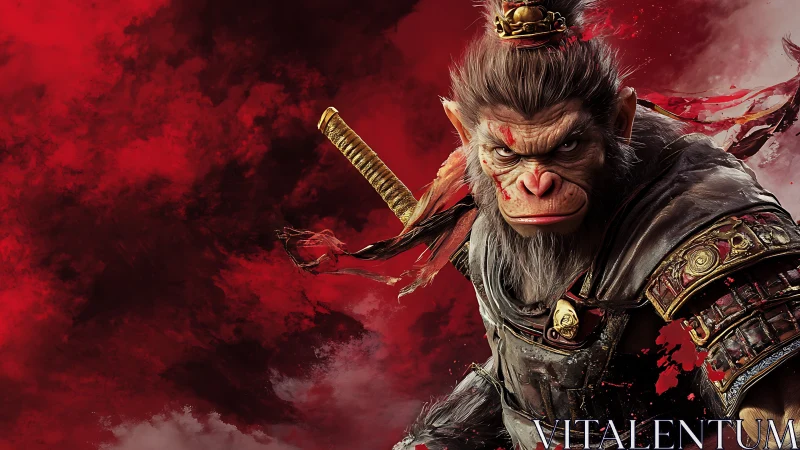 Battle-hardened monkey warrior against storming crimson sky.