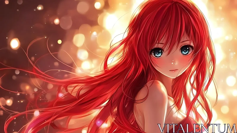 Red haired anime girl against defocused light background.
