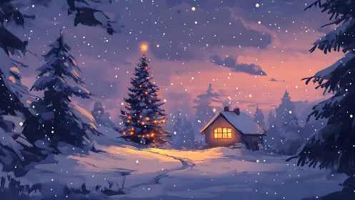 Snow-laden pine forest frames illuminated cabin and lit tree
