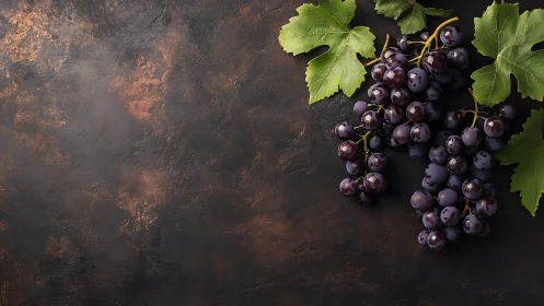 Deep purple grapes rest calmly on a rustic dark table
