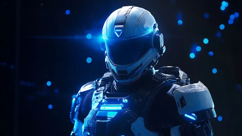 Futuristic armored soldier in blue illuminated exosuit.