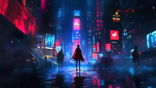 Crimson wanderer rewrites neon city rain into quiet myth