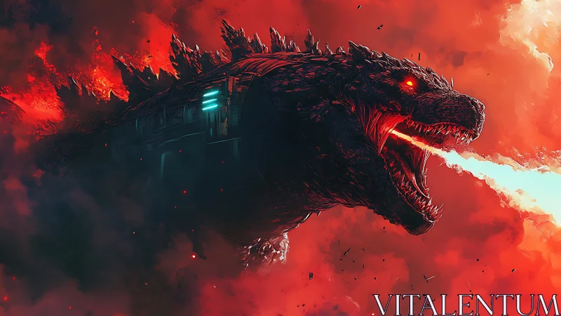 Titan kaiju unleashes neon fire amid burning crimson sky.