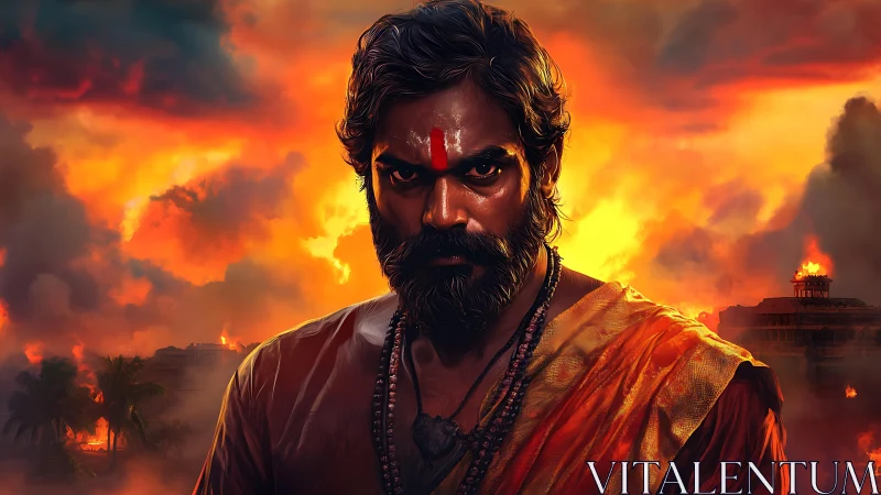 Fierce ascetic warrior before blazing temple skies.