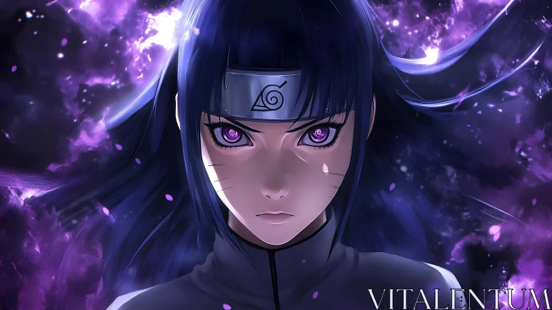 Intense anime kunoichi portrait with glowing violet chakra aura