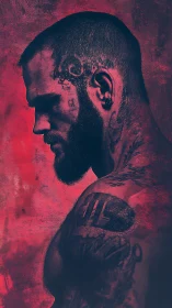 Side-lit tattooed male profile rendered in duotone red contrast