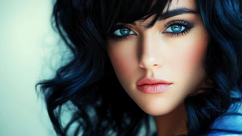 Close-up digital portrait of woman with blue eyes and hair.