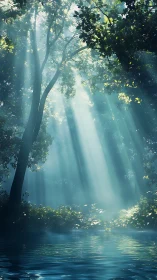 Sunlit forest canopy above calm reflective water surface.