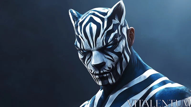 Brooding zebra-panther guardian wrapped in electric stripes.