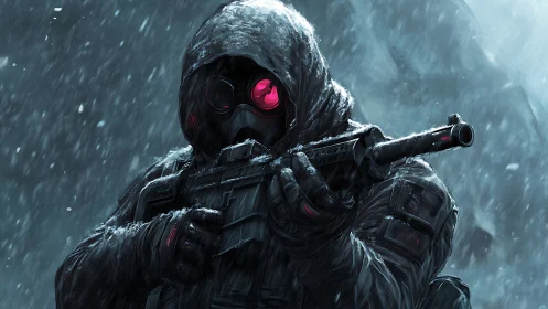Storm-cloaked sniper with neon visor in frozen whiteout.