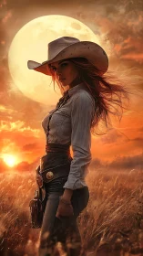 Cowgirl silhouette confronts twin suns in cinematic prairie