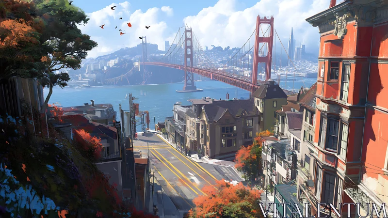 Sunlit San Francisco hill gazes toward the glowing bay bridge.