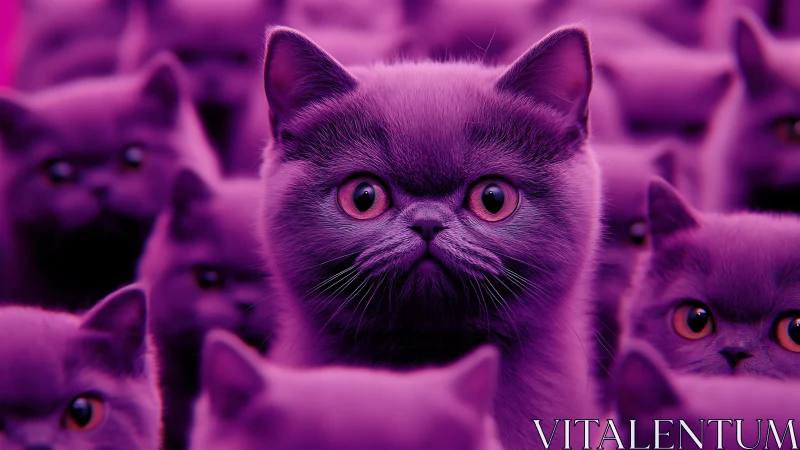 Purple Cat Among Peers: Vivid Digital Rendering.