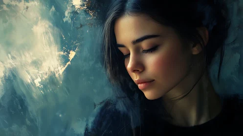 Digital painting portrait with serene female profile study.