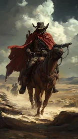 Lone gunslinger on horseback crossing harsh desert plain.