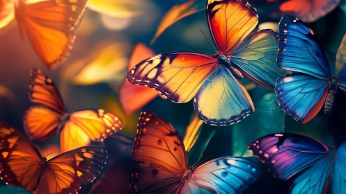 Iridescent butterflies in saturated bokeh forest light.