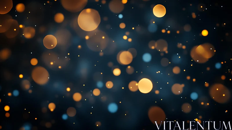 Golden and blue bokeh lights on a dark background, abstract style.