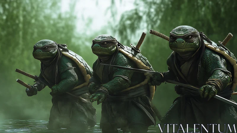 Ninja turtle trio steps forward through misty green waters