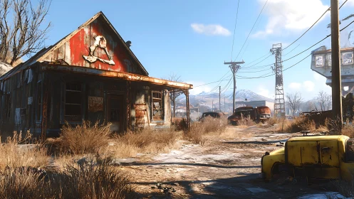 Derelict roadside structures in a dry, snow-dusted landscape.