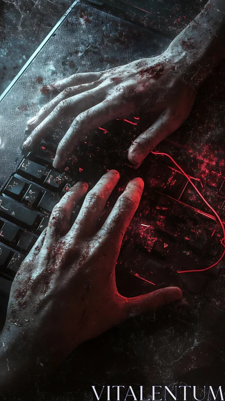 Haunted hands over a glowing keyboard in digital dusk.