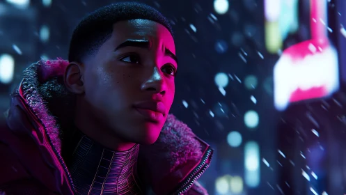 Thoughtful teen in neon city snow, wrapped in quiet wonder.