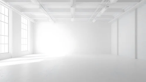 Minimalist white loft interior with expansive daylight glazing.