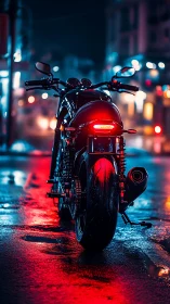 Neon midnight motorcycle poised in rainlit city glowscape.